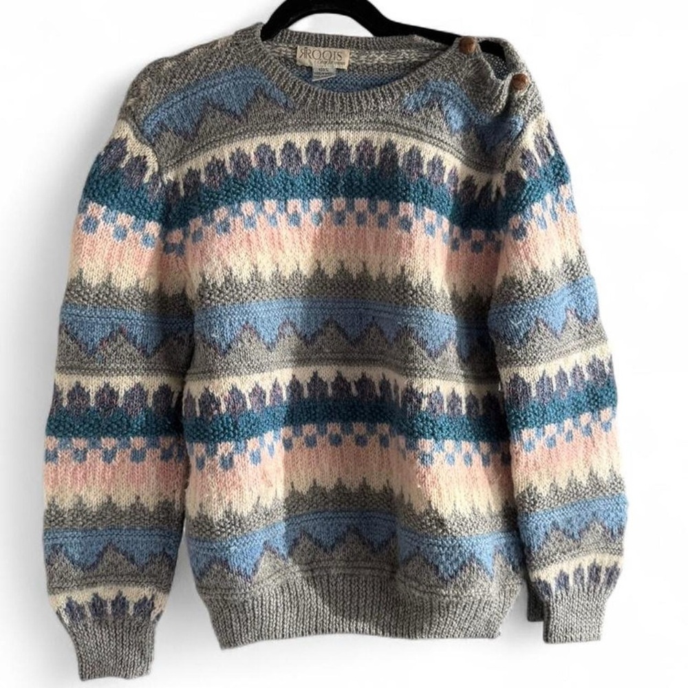 Vintage Wool Sweater Roots Blue and Gray Patterned Crewneck Sweater